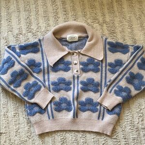 Cider Beige and Blue Floral Knit Sweater